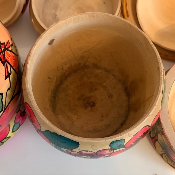 VTG Lot Russian USSR Wooden Folk Art Vase Canister Jar Lids Painted Marked READ - Picture 8 of 16